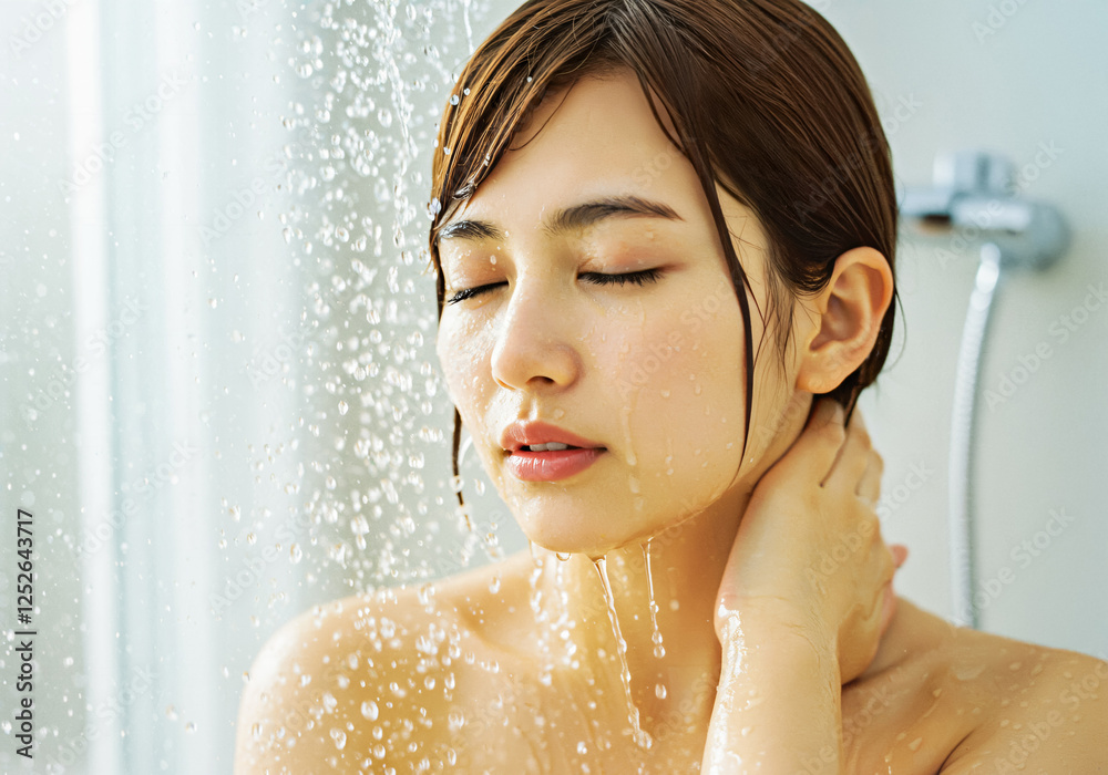 Naklejka premium ゆっくりとシャワーを浴びる女性