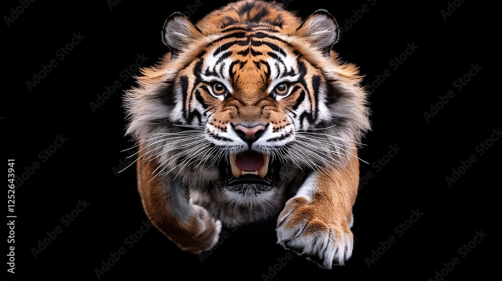 Fototapeta premium Majestic tiger leaping, dark background, wildlife photography, print