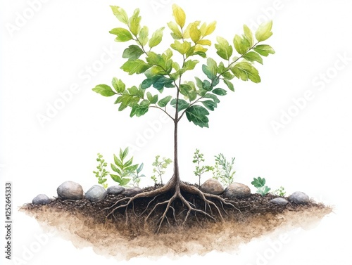 Young Tree with Exposed Roots and Ground Cover
