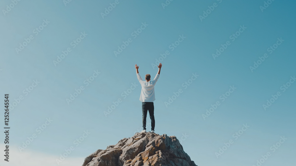 Man celebrating victory on mountain peak, embracing freedom and personal achievement under a vast blue sky Man celebrating victory on mountain peak, embracing freedom and personal achievement under a vast blue sky