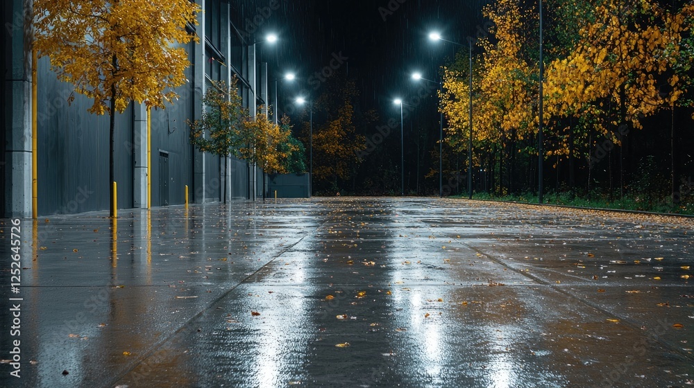 Autumn night, empty parking lot, wet pavement, streetlights