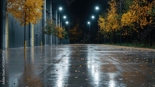 Obraz na płótnie Autumn night, empty parking lot, wet pavement, streetlights w salonie