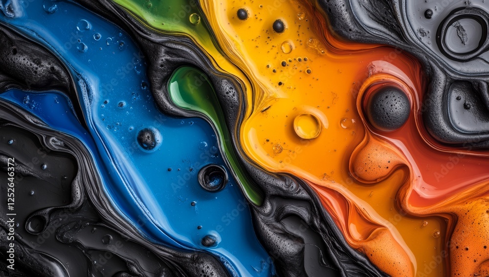 Top-down view of oil spill on ocean with colorful streaks and bubbles Top-down view of oil spill on ocean with colorful streaks and bubbles
