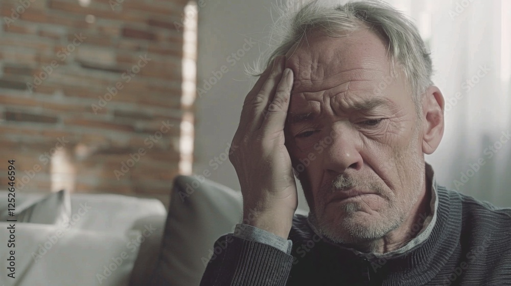 Middle-aged man sitting alone in a quiet room, holding his head with one hand, looking stressed and concerned. Emotional state of solitude and introspection. Middle-aged man sitting alone in a quiet room, holding his head with one hand, looking stressed and concerned. Emotional state of solitude and introspection.