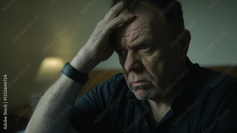 Middle-aged man sitting alone in a quiet room, holding his head with one hand, looking stressed and concerned. Emotional state of solitude and introspection. Middle-aged man sitting alone in a quiet room, holding his head with one hand, looking stressed and concerned. Emotional state of solitude and introspection.