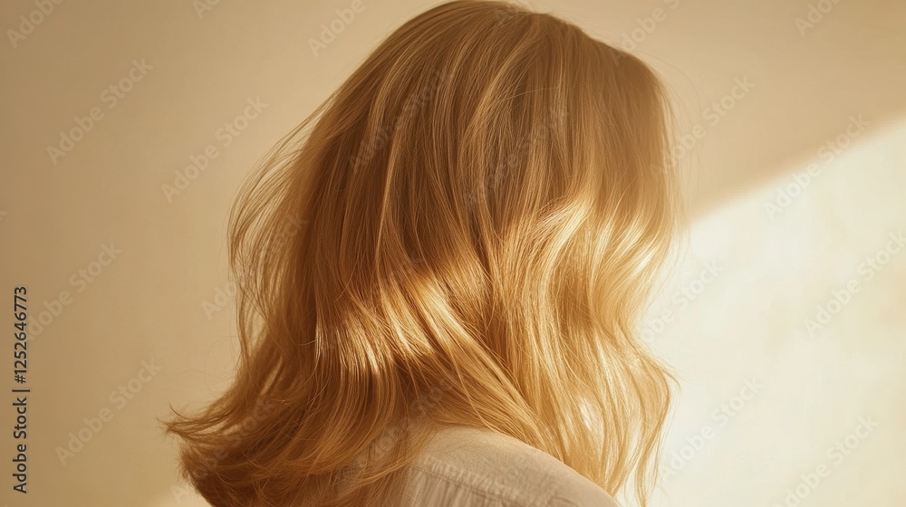 Naklejka premium Beautiful model girl with Blond hair strand,silky healthy wavy hair strand,hair wavy ribbon, with smooth,Keratin straightening,Treatment,straight long hair,procedures,Smooth hairstyle.