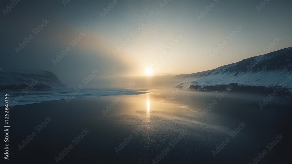 Obraz premium Arctic sunrise, misty fjord, snowy mountains, calm water, travel poster