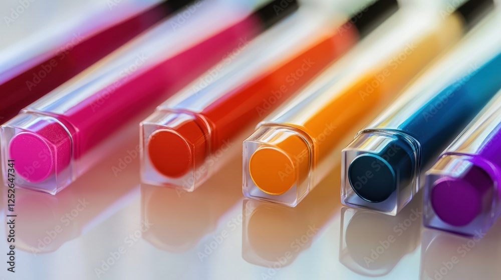 A close-up of multiple lipstick shades in vibrant colors, scattered across a clean white surface, with each tube showcasing its unique, bold tone.
