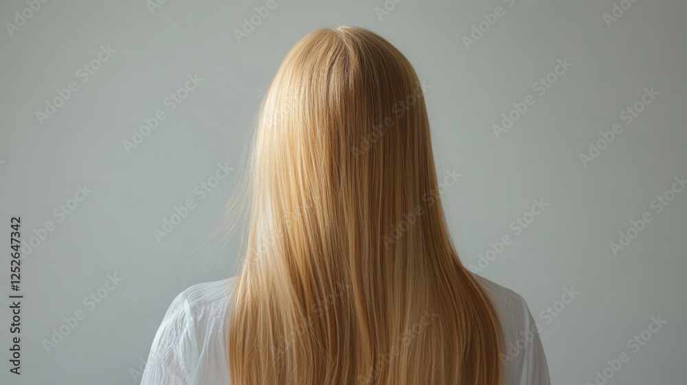 Naklejka premium Beautiful model girl with Blond hair strand,silky healthy wavy hair strand,hair wavy ribbon, with smooth,Keratin straightening,Treatment,straight long hair,procedures,Smooth hairstyle.