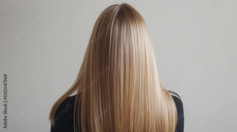 Naklejka premium Beautiful model girl with Blond hair strand,silky healthy wavy hair strand,hair wavy ribbon, with smooth,Keratin straightening,Treatment,straight long hair,procedures,Smooth hairstyle.