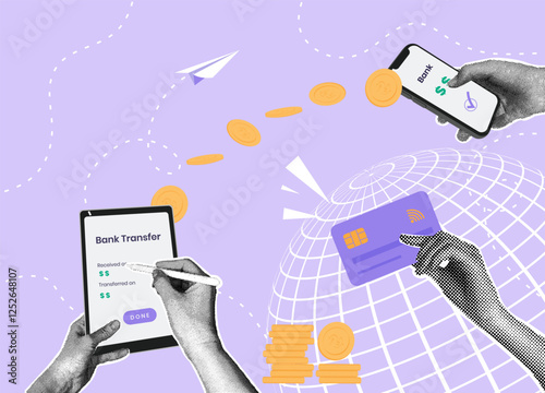 Trendy halftone collage. Mobile payment concept, transfer money to card,payment, transfer money wirelessly. Online banking