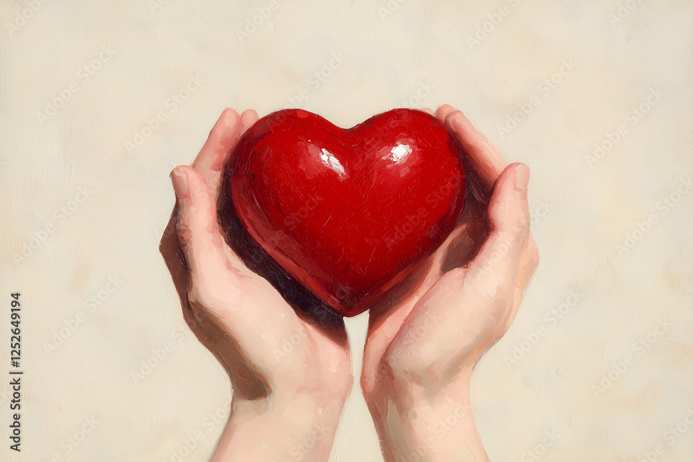 A heartwarming and artistic portrayal of two hands gently holding a glossy red heart against a soft beige textured background. The painterly style and warm tones evoke a sense of love, generative ai A heartwarming and artistic portrayal of two hands gently holding a glossy red heart against a soft beige textured background. The painterly style and warm tones evoke a sense of love, generative ai