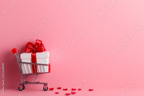 A charming and minimalist composition featuring a small shopping cart carrying a white gift box adorned with a red bow, ideal for Valentine’s Day or celebratory themes, generative ai photo