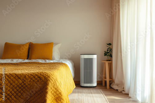 A warm and inviting rustic bedroom featuring a stylish white air purifier placed next to a wooden bedside table. The bed is adorned with mustard-colored pillows and a quilted comforter, generative ai photo