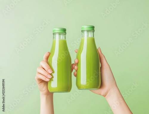 Healthy Green Juice in Glass Bottles Held by Hands, Refreshing Beverage, Detox Drink, Green Smoothie,  Nutritious Lifestyle, Vegan Drink photo