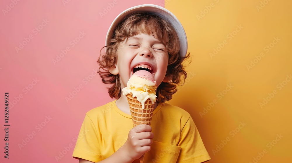 A boy with curly brown hair, wearing a yellow shirt and a white cap, enjoys an ice cream cone. A boy with curly brown hair, wearing a yellow shirt and a white cap, enjoys an ice cream cone.