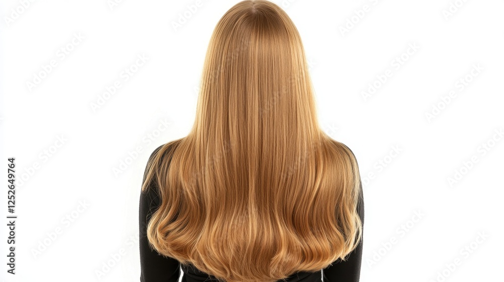 Naklejka premium Beautiful model girl with Blond hair strand,silky healthy wavy hair strand,hair wavy ribbon, with smooth,Keratin straightening,Treatment,straight long hair,procedures,Smooth hairstyle.