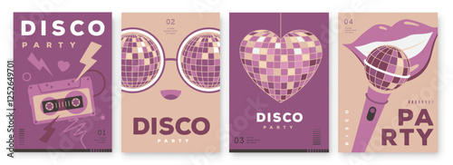 Set of retro disco party posters, covers or banners with disco ball. Disco background. Flat design. Vector illustration