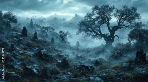 Misty Graveyard: A spectral scene of ancient stones and gnarled trees shrouded in ethereal mist, a landscape of mystery and tranquility.