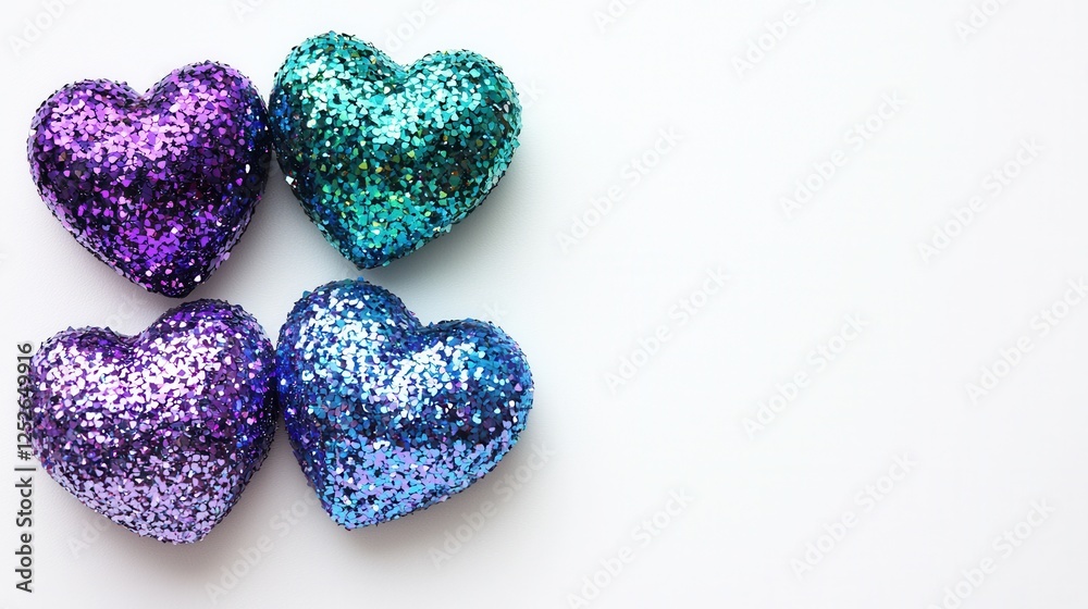 Fototapeta premium Four Glitter Hearts On White Background; keywords
