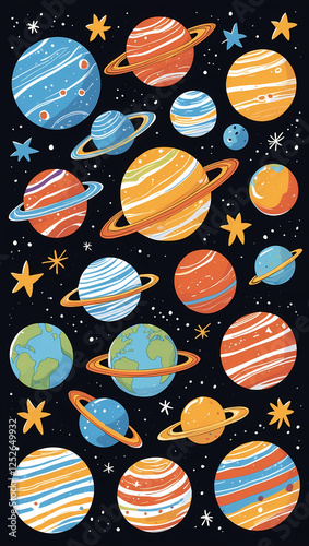 A colorful illustration of various planets and stars in a dark space background, perfect for astronomy themes. Hand drawn style. photo