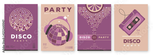 Set of retro disco party posters, covers or banners with disco ball. Disco background. Flat design. Vector illustration