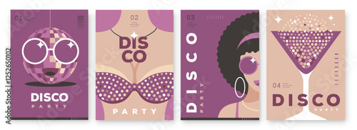 Set of retro disco party posters, covers or banners with disco ball. Disco background. Flat design. Vector illustration