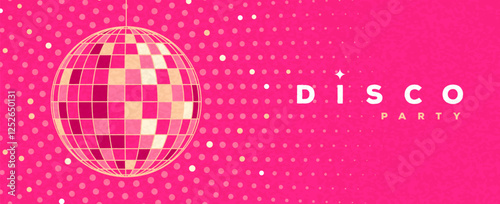 Retro pink disco party background with disco ball. Night club vintage poster. Disco of 80s. Flat design. Vector illustration.