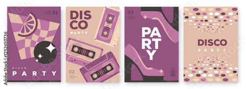 Set of retro disco party posters, covers or banners with disco ball. Disco background. Flat design. Vector illustration