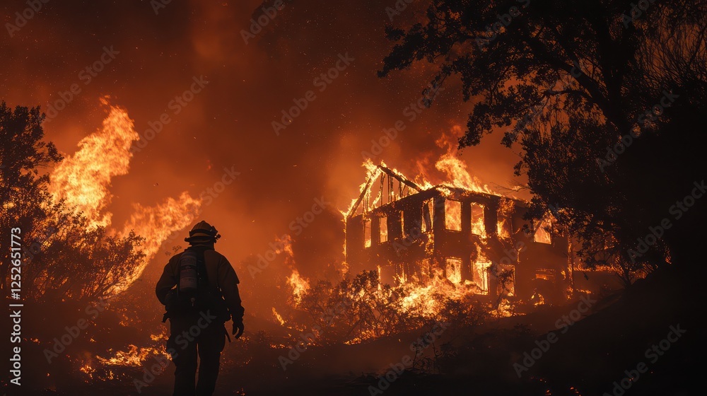 Fototapeta premium Firefighter Facing Inferno: A House Engulfed in Flames