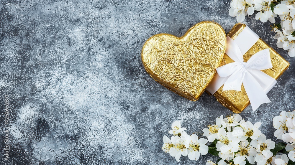 Obraz premium Gold Heart Gift Box with White Blossom Branches on Gray Background