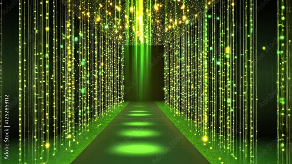 Sparkling green walkway illuminated by soft lights in a festive venue