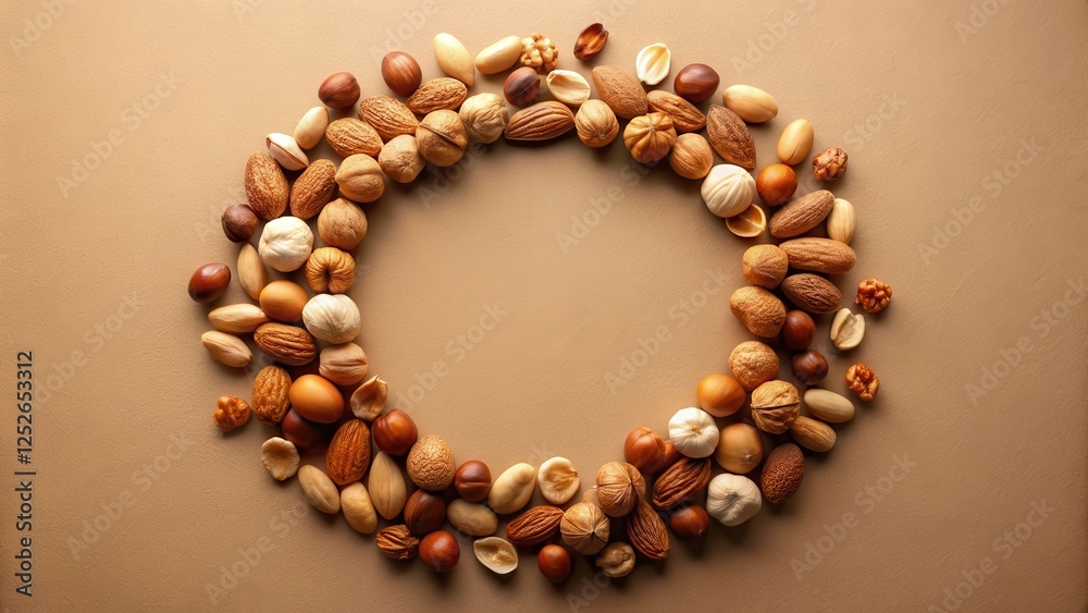 A delightful arrangement of assorted nuts forming a circular frame on a neutral backdrop, perfect for a variety of design projects A delightful arrangement of assorted nuts forming a circular frame on a neutral backdrop, perfect for a variety of design projects