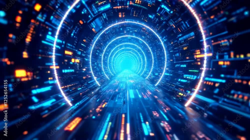 abstract technology background with binary code unnel - Binary numbers flow in digital veins Video blue shining vein ways