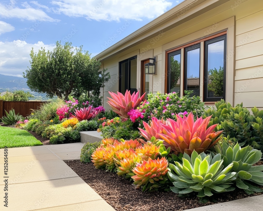 Fototapeta premium Vibrant Succulent and Flower Garden Landscape Design in Front of Modern House.