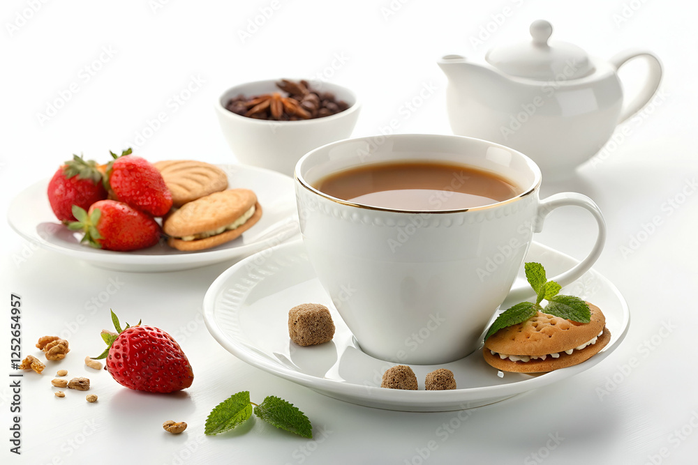 Elegant Breakfast Scene With Coffee, Biscuits, And Strawberries