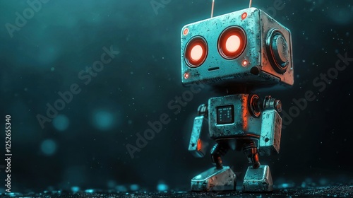 Retro Futuristic Robot: A Digital Painting of a Cute, Weathered Robot in a Dark, Teal Setting