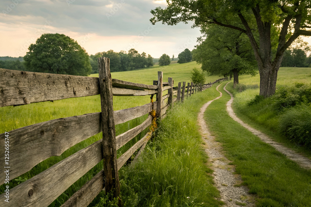 Countryside Path With Wooden Fence And Lush Green MeadowWith Lush Green Countryside Path With Wooden Fence And Lush Green MeadowWith Lush Green