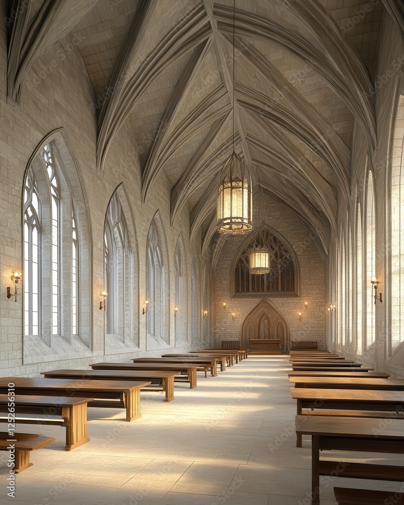 Fototapeta premium Elegant Gothic Architecture with Tall Windows and Wooden Benches