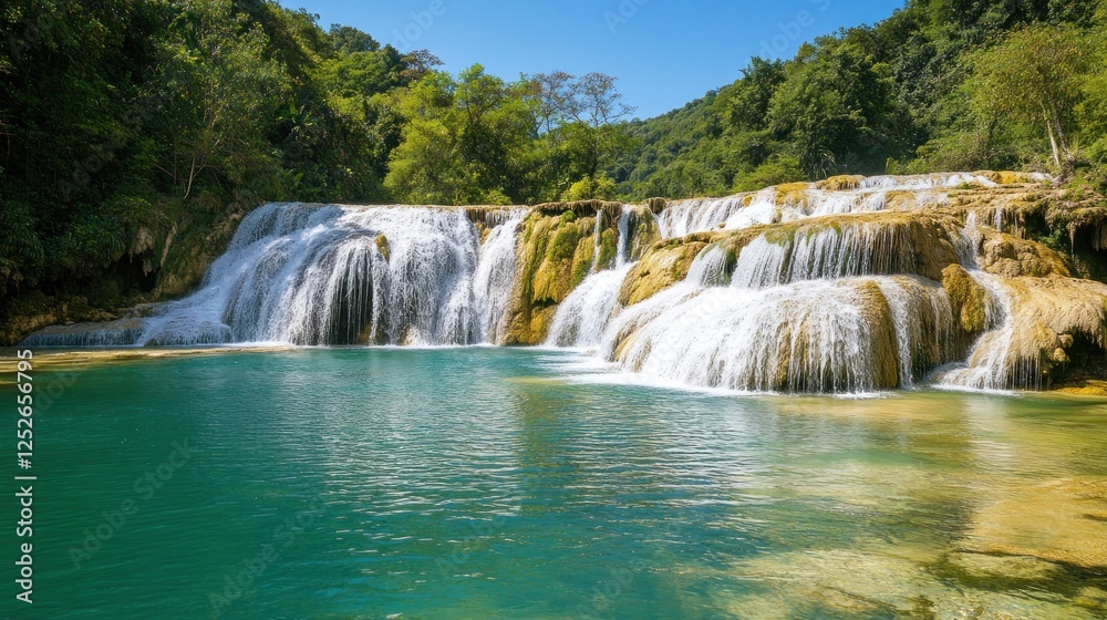 Obraz premium Serene Waterfall Paradise: A Breathtaking Cascade in Lush Greenery