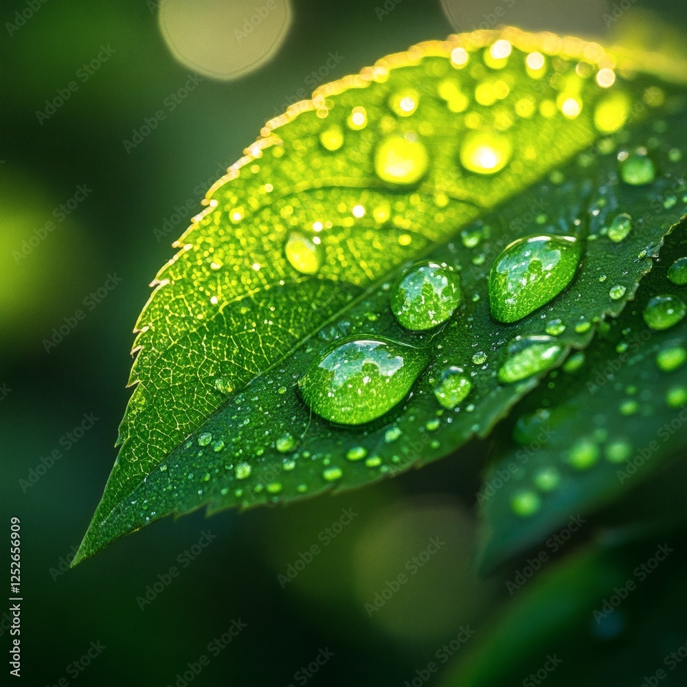 Macro view of water droplets a vibrant green leaf with each droplet catching the sunlight and creating a beautiful round bokeh effect adding a touch of elegance and freshness to the scene Macro view of water droplets a vibrant green leaf with each droplet catching the sunlight and creating a beautiful round bokeh effect adding a touch of elegance and freshness to the scene