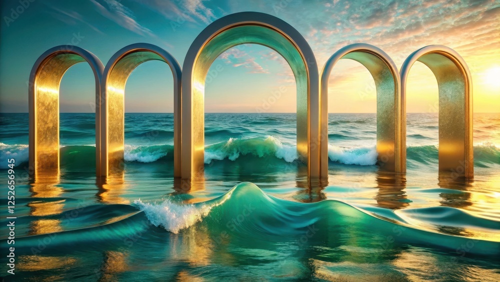 Golden Arches in Ocean Waves at Sunset A Serene Seascape Golden Arches in Ocean Waves at Sunset A Serene Seascape