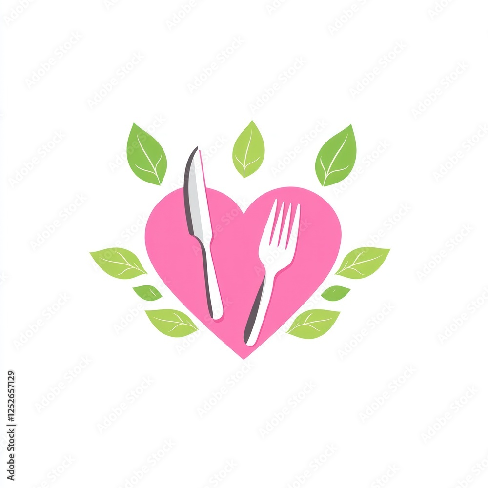 Heart-shaped logo with knife and fork, healthy food concept, illustration Heart-shaped logo with knife and fork, healthy food concept, illustration