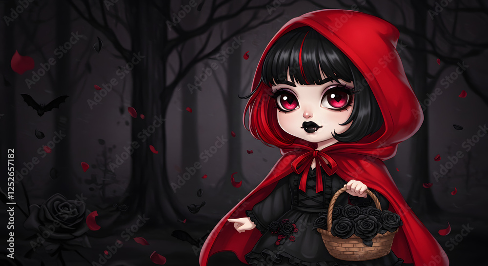 Gothic Little Red Riding Hood Character in Dark Forest Illustration Gothic Little Red Riding Hood Character in Dark Forest Illustration