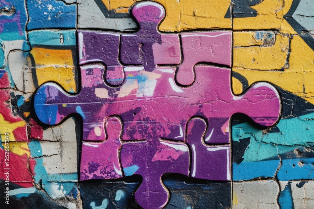 Obraz premium Colorful puzzle pieces form a fragmented mural on a wall