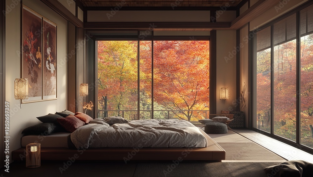 Fototapeta premium Autumn Serenity: Designing a Tranquil Bedroom with Nature Views, Minimalist Decor, and Warm Lighting for Ultimate Relaxation.