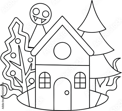 Spooky House Halloween Illustration Cartoon Cute Ghost Tree photo