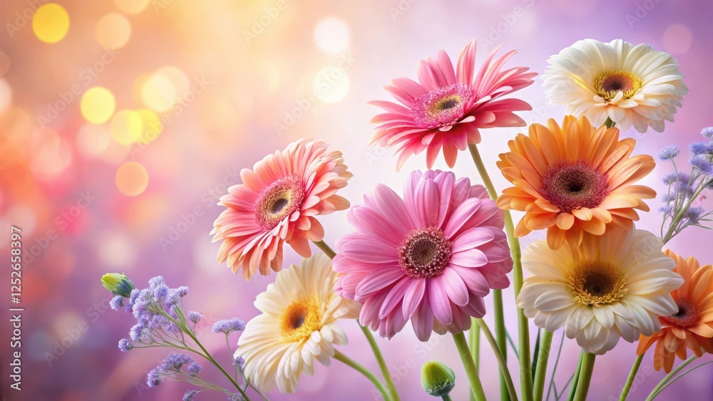 Fototapeta premium A vibrant bouquet of gerbera daisies in assorted pastel colors, arranged artistically against a softly blurred, radiant background.