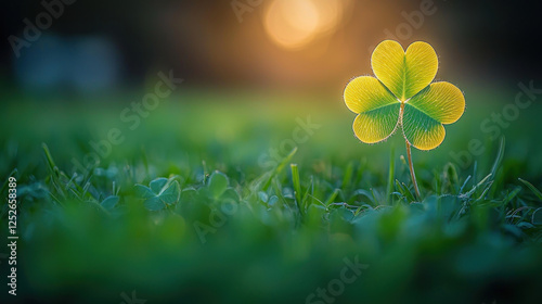 Glowing four-leaf clover in grass field at sunset, good luck symbol