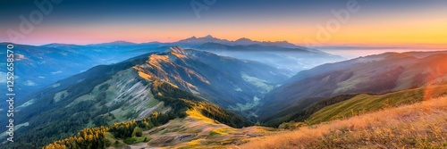 Breathtaking panoramic view of majestic mountain peaks at sunrise